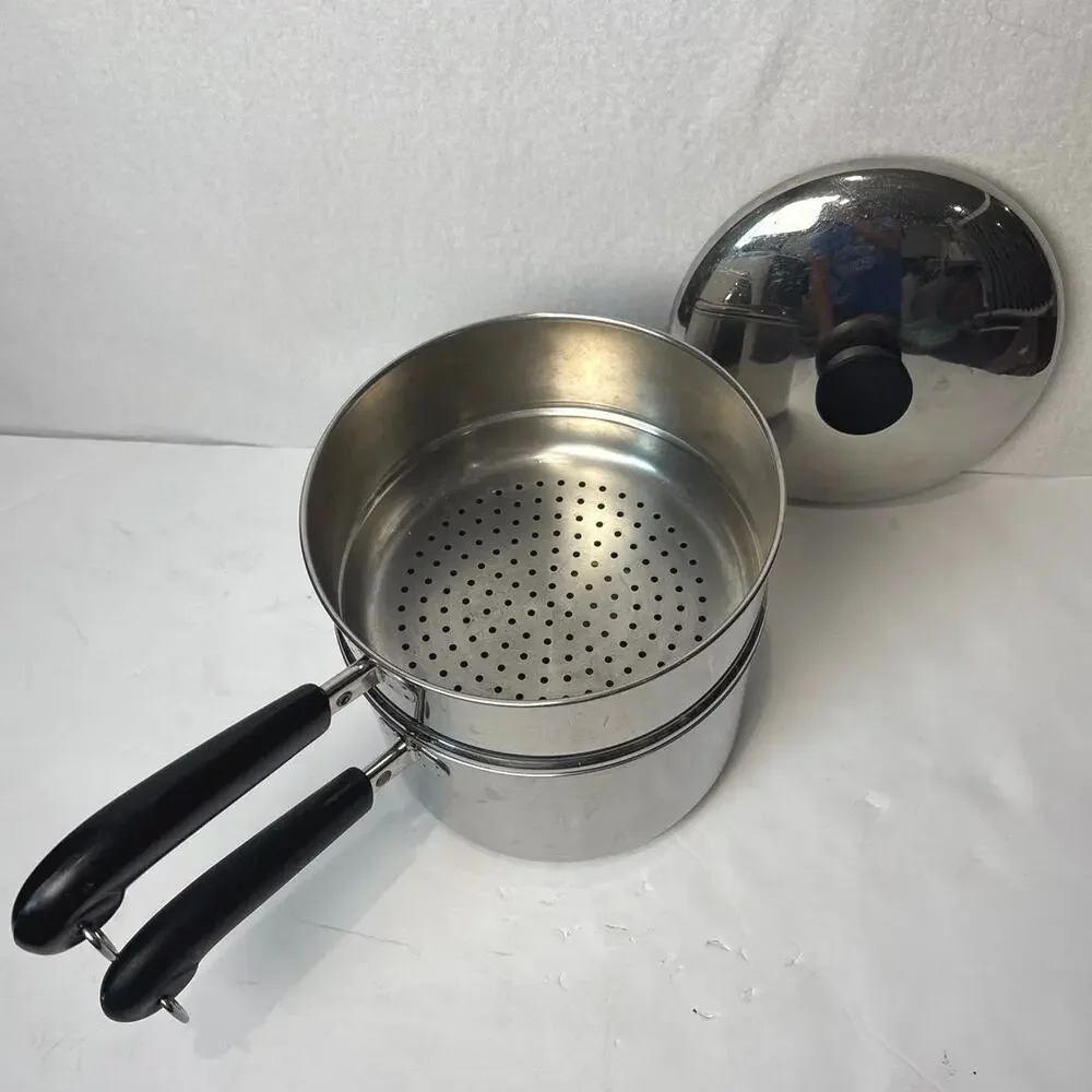 Vintage Revere Ware 3 Qt Saucepan w Double Boiler Insert Tri-Ply Disc Bottom